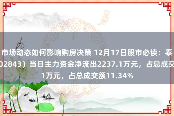 市场动态如何影响购房决策 12月17日股市必读：泰嘉股份（002843）当日主力资金净流出2237.1万元，占总成交额11.34%